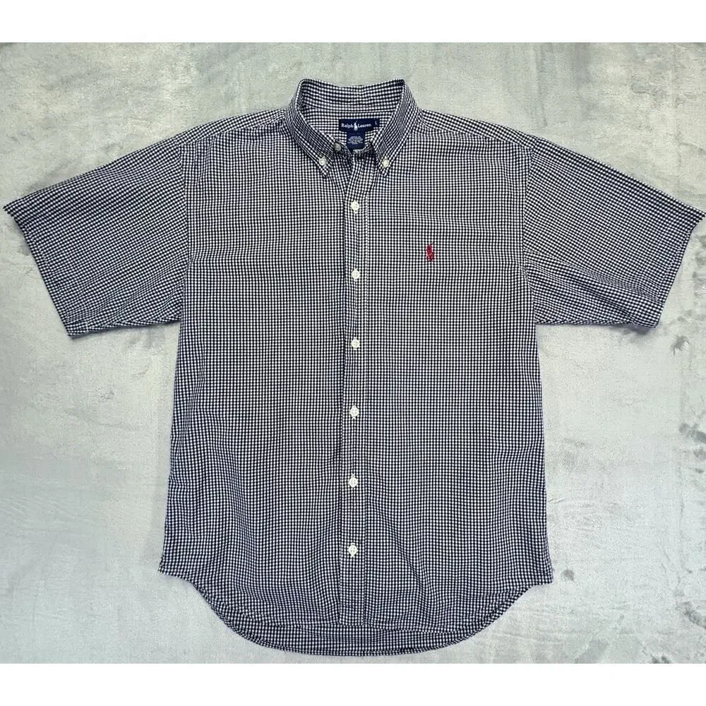 RALPH LAUREN Boys Navy L Gingham Short Sleeve Button Down Shirt Red Pony